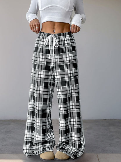 Plaid Wide Leg Drawstring Trousers by Perfee