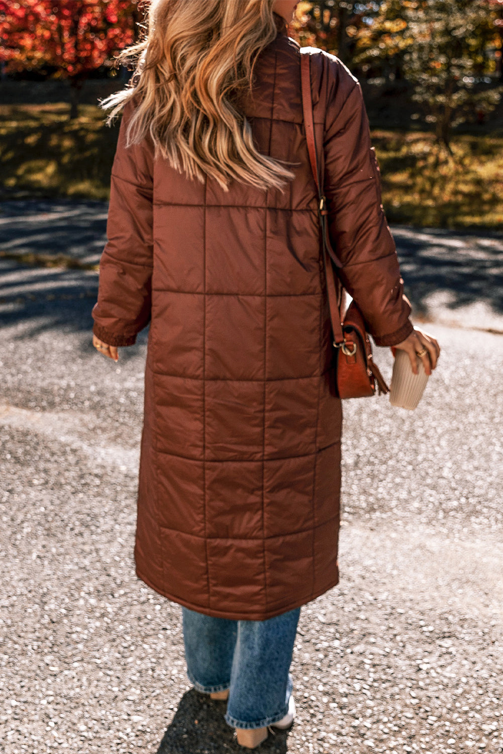 Cozy coffee quilted puffer coat with stand neck and zip closure