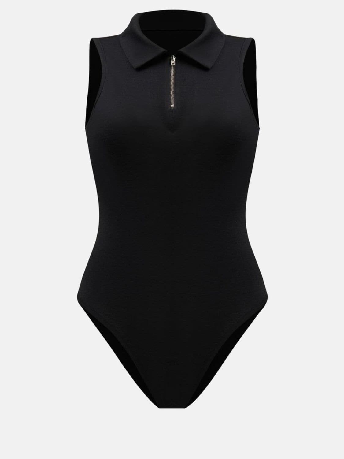 Quarter Zip Collared Neck Sleeveless Bodysuit.