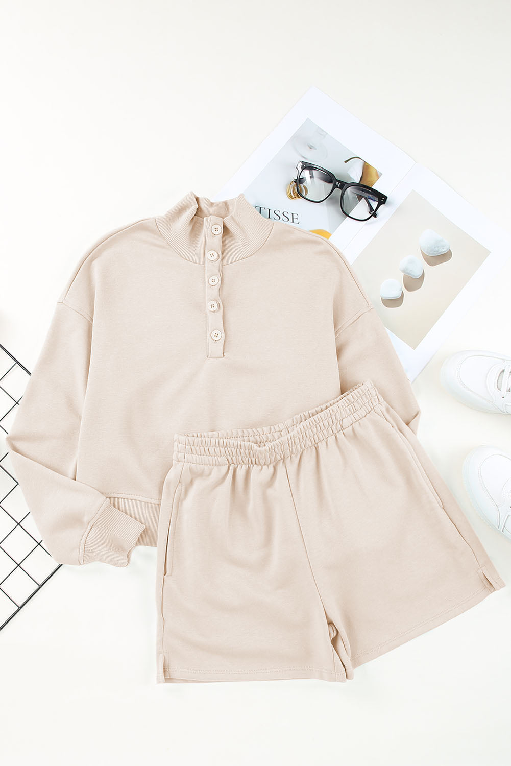 Chic apricot high neck henley top and shorts set