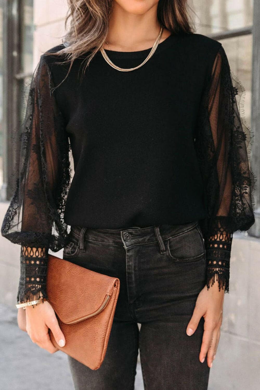 Lace Detail Mesh Lantern Sleeve Blouse.