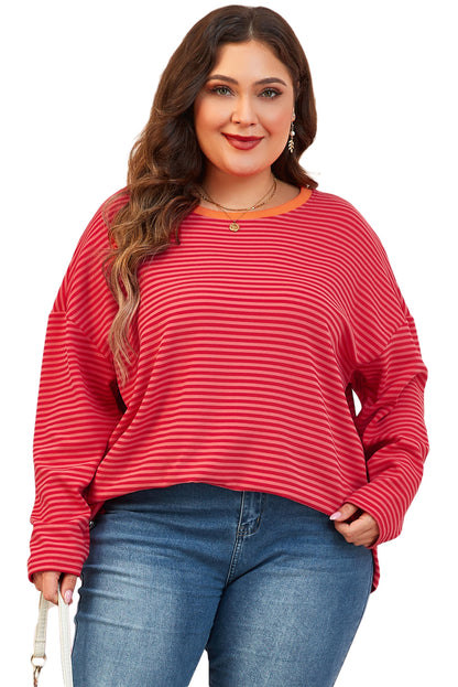 Chic orange stripe plus size drop shoulder button-up top