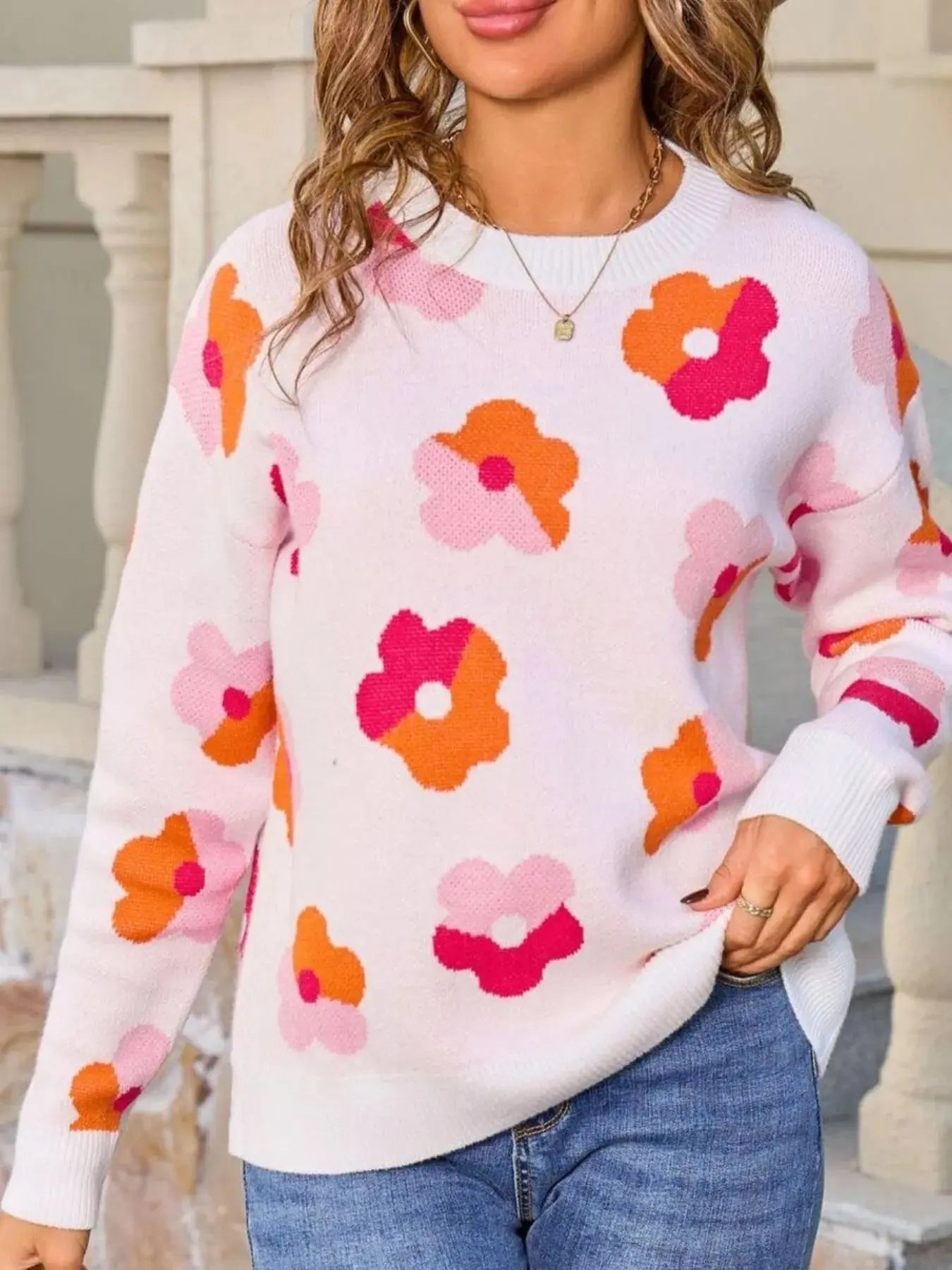 Floral Crew Neck Long Sleeve Sweater Simply Love