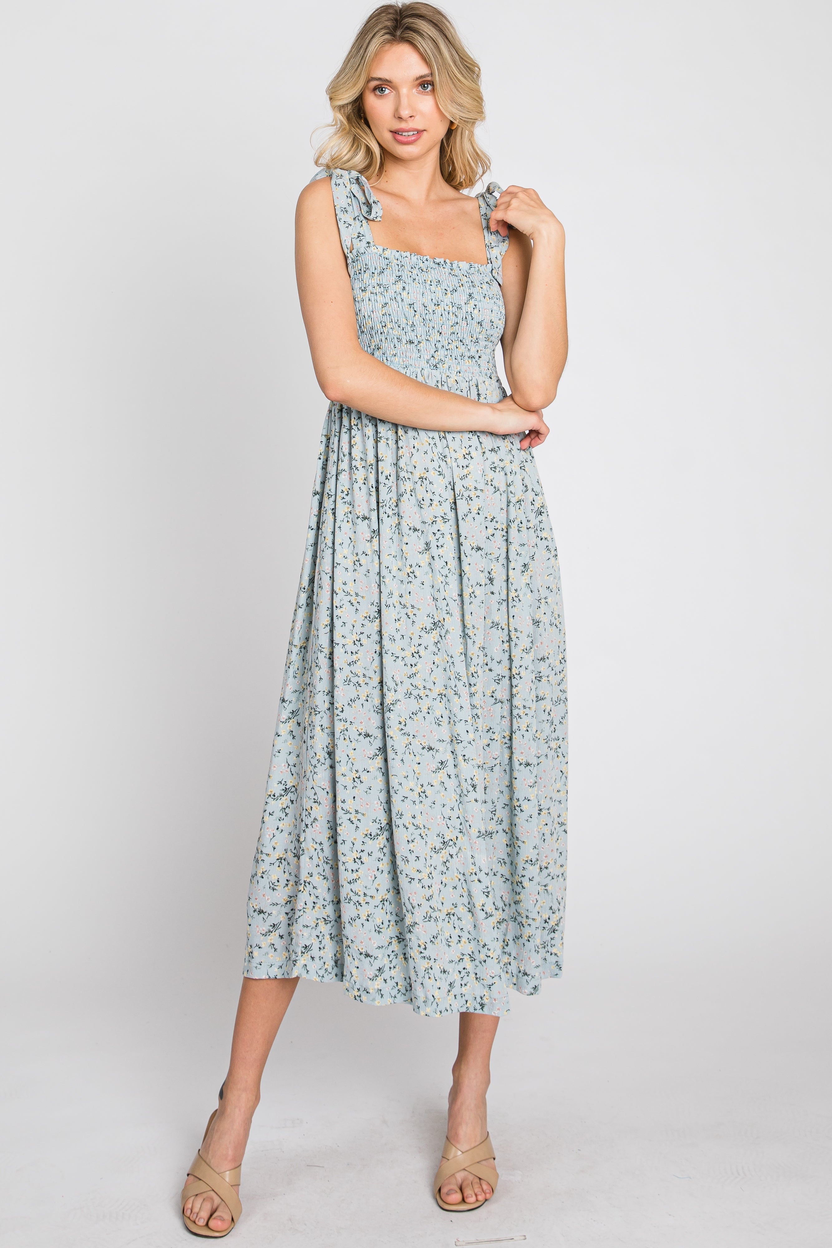 Light Blue Floral Smocked Tie Strap Midi Dress PinkBlush
