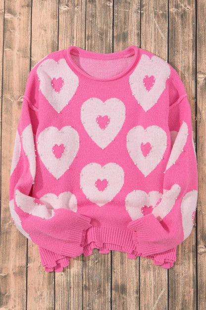 Pearl Detail Heart Round Neck Long Sleeve Sweater.