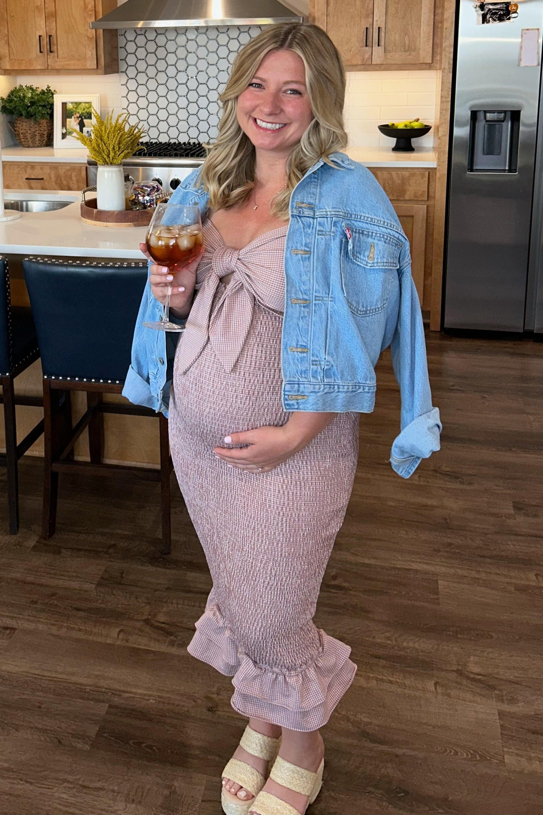 Mauve Gingham Print Smocked Fitted Self-Tie Maternity Midi Dress PinkBlush