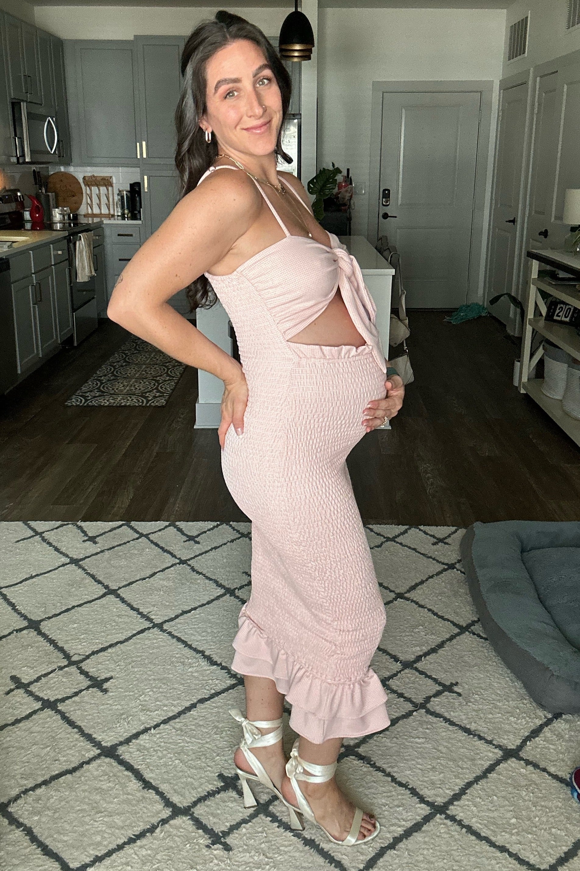 Mauve Gingham Print Smocked Fitted Self-Tie Maternity Midi Dress PinkBlush