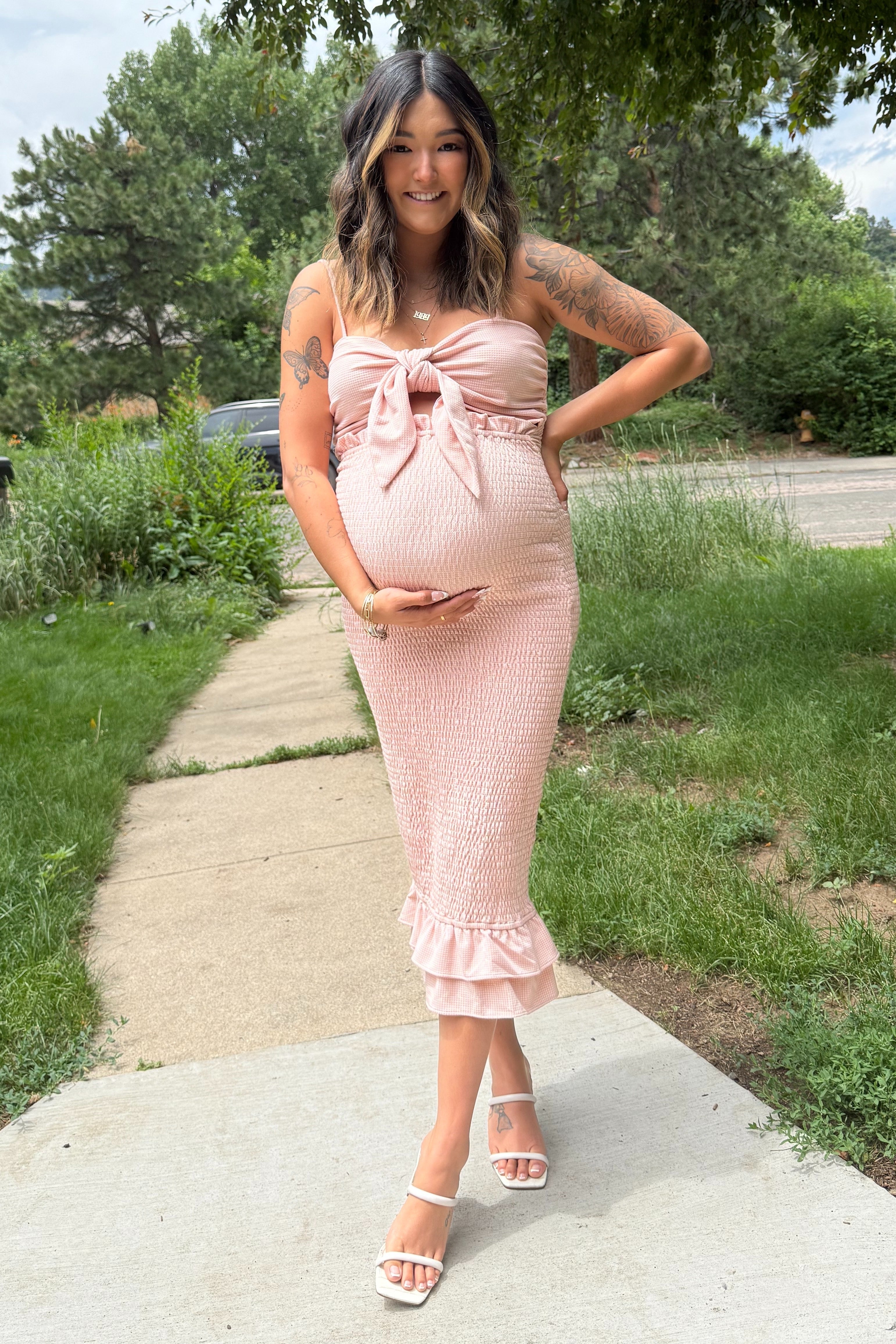 Mauve Gingham Print Smocked Fitted Self-Tie Maternity Midi Dress PinkBlush