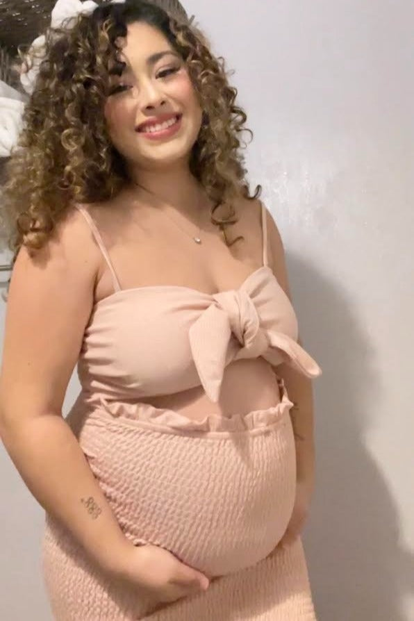Mauve Gingham Print Smocked Fitted Self-Tie Maternity Midi Dress PinkBlush
