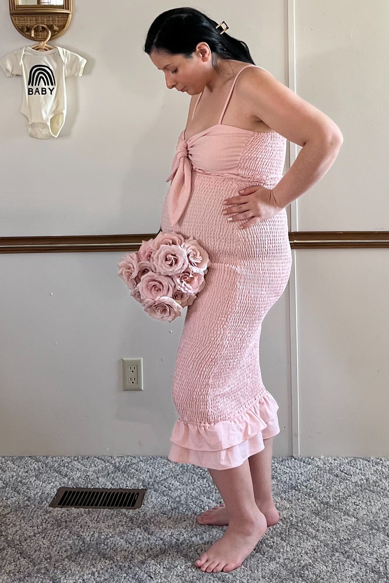 Mauve Gingham Print Smocked Fitted Self-Tie Maternity Midi Dress PinkBlush