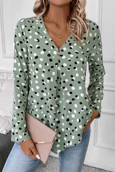 Printed V-Neck Long Sleeve Blouse.