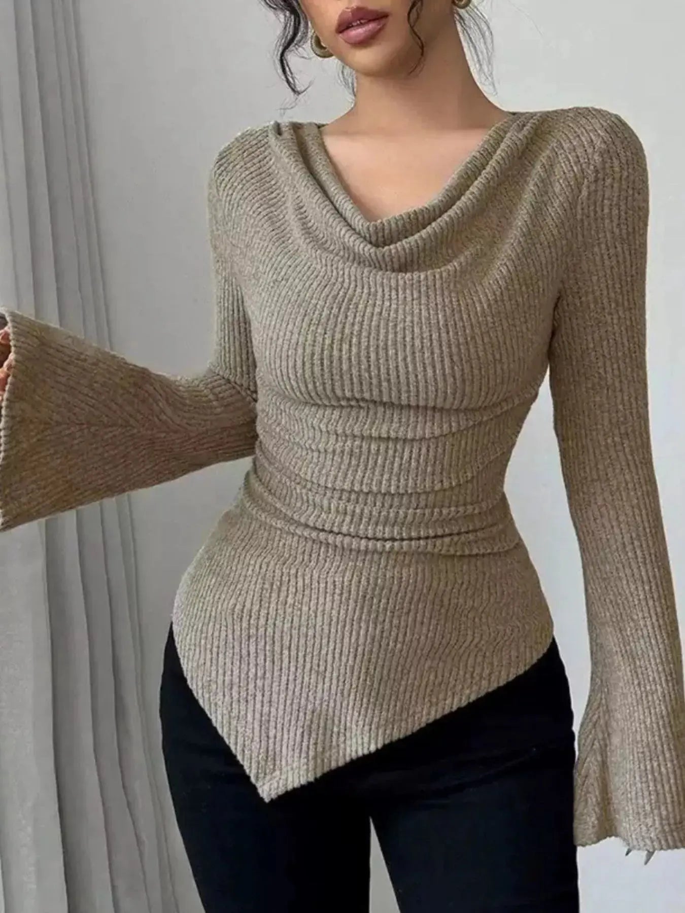 Off-Shoulder Bell Sleeve Ribbed Blouse Simply Love