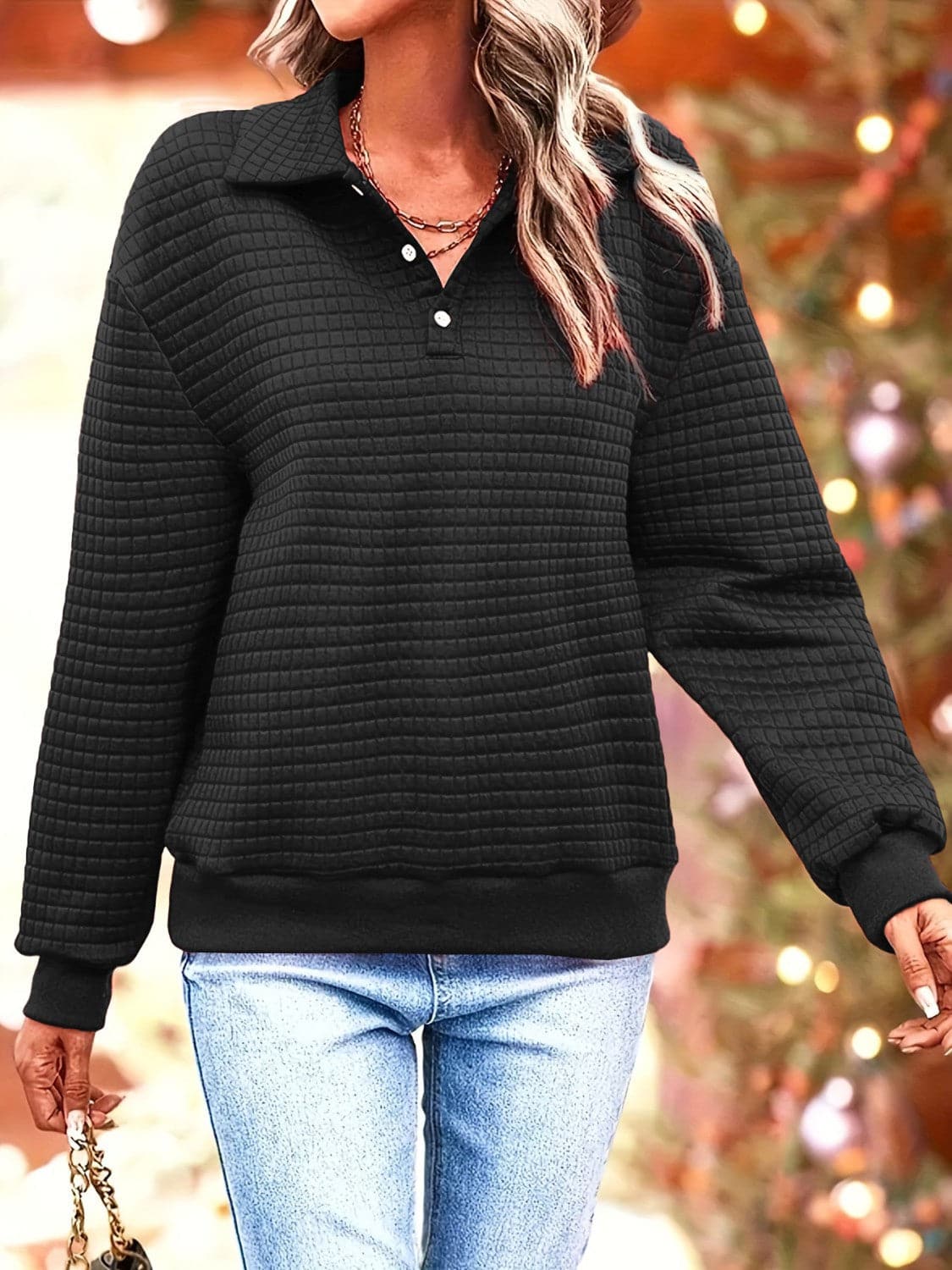 Waffle-Knit Collared Neck Long Sleeve Sweatshirt.