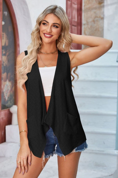 Eyelet Open Front Sleeveless Cardigan.