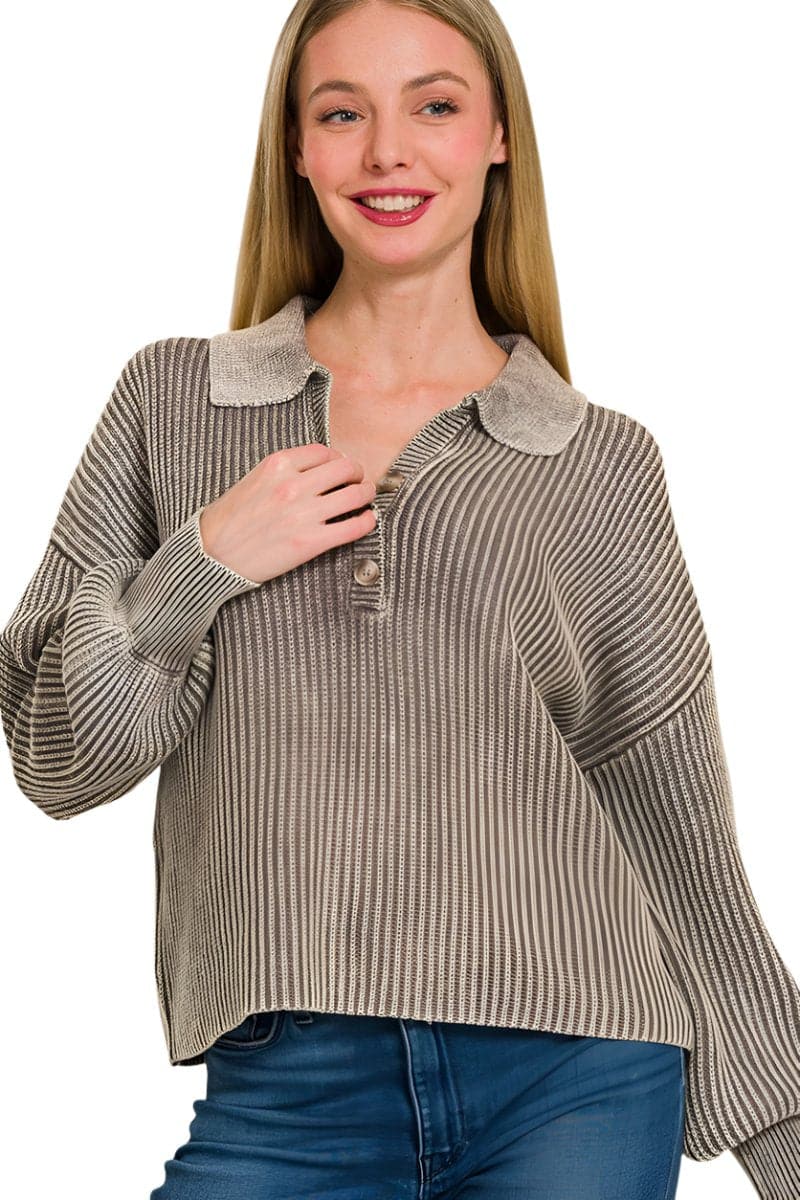 Zenana Washed Half Button Long Sleeve Sweater.