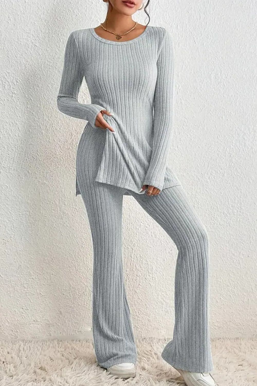 Ribbed Long Sleeve Slit Top and Bootcut Pants Set.