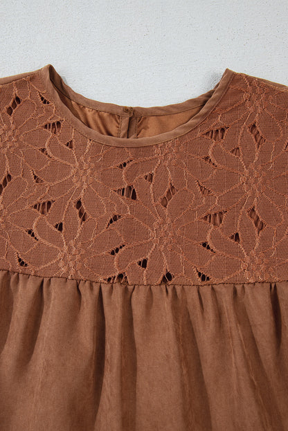 Chestnut Floral Lace Crochet Tiered Ruffled Mini Dress