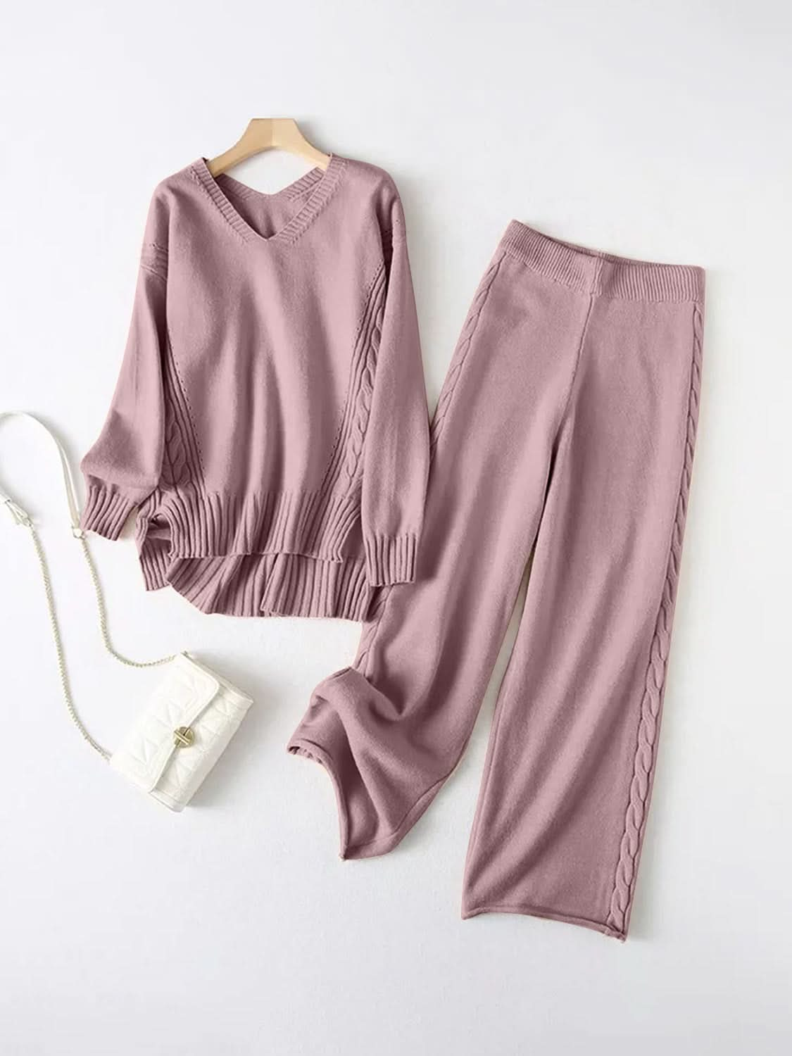 Chic V-neck long sleeve top and matching pants set