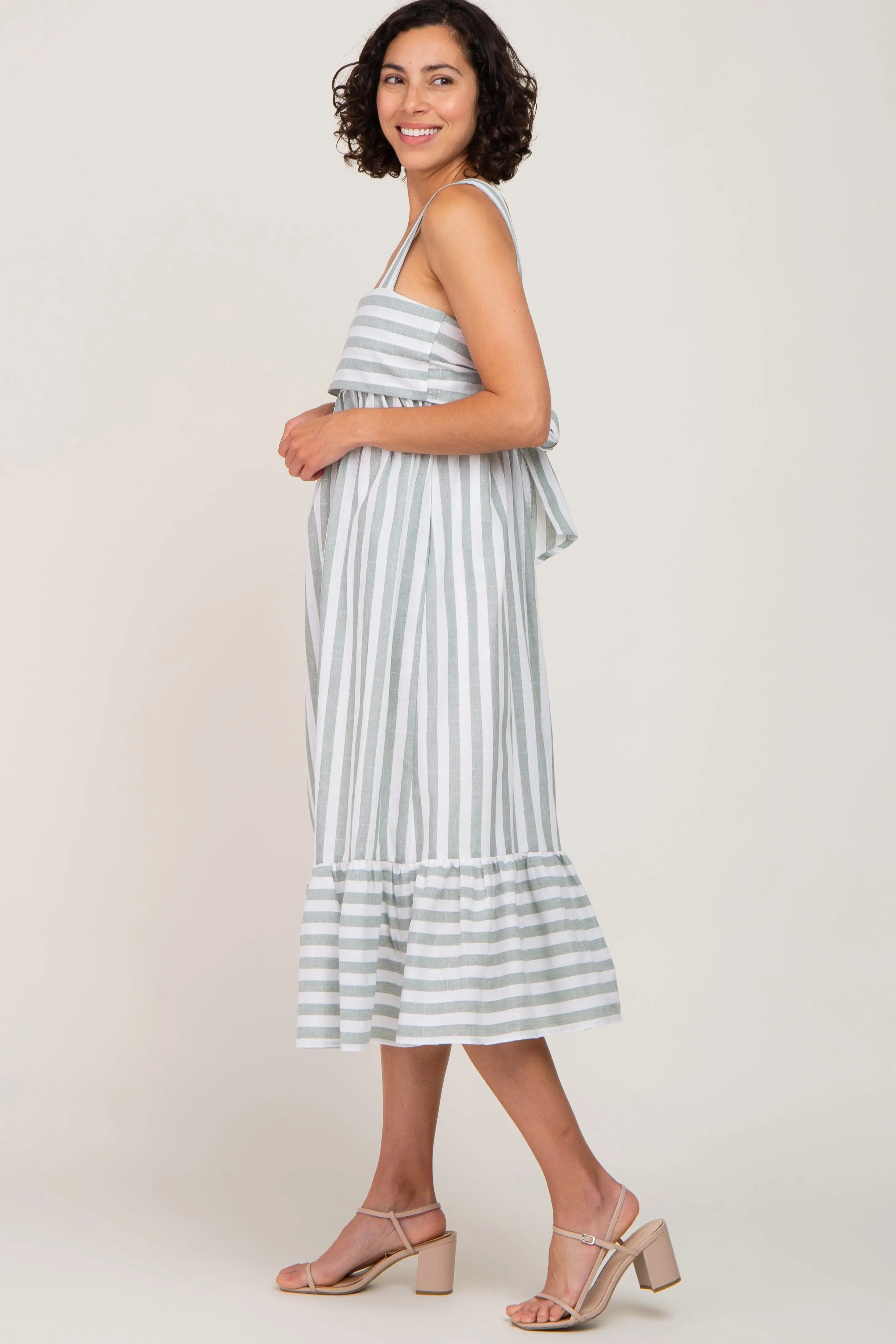 Sage Striped Sleeveless Maxi Dress With Self Tie Back And Ruffle Hem PinkBlush