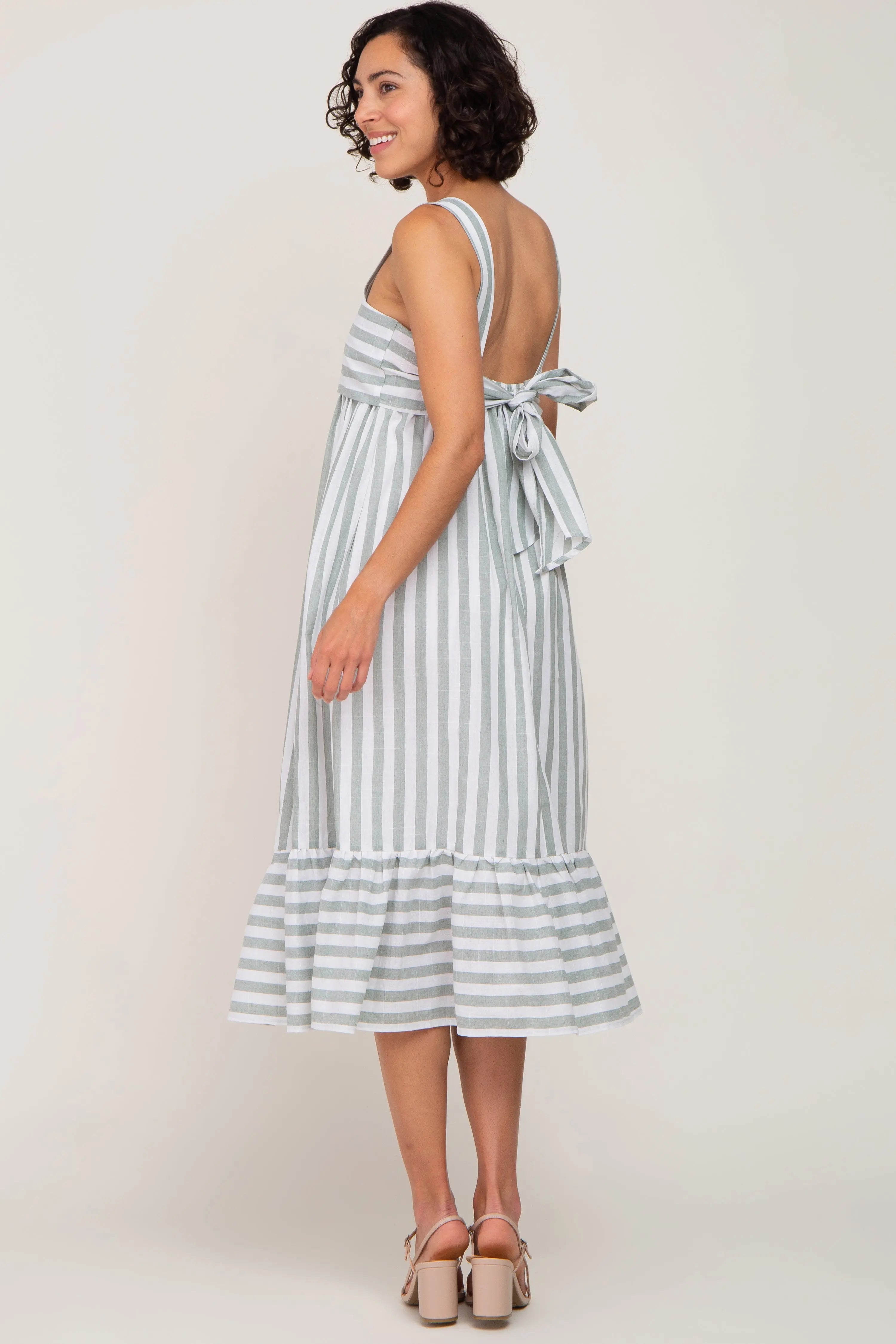 Sage Striped Sleeveless Maxi Dress With Self Tie Back And Ruffle Hem PinkBlush