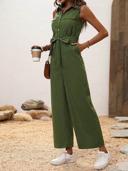 Tie Waist Sleeveless Wide Leg Jumpsuit.