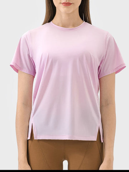 Slit Round Neck Short Sleeve Active T-Shirt.