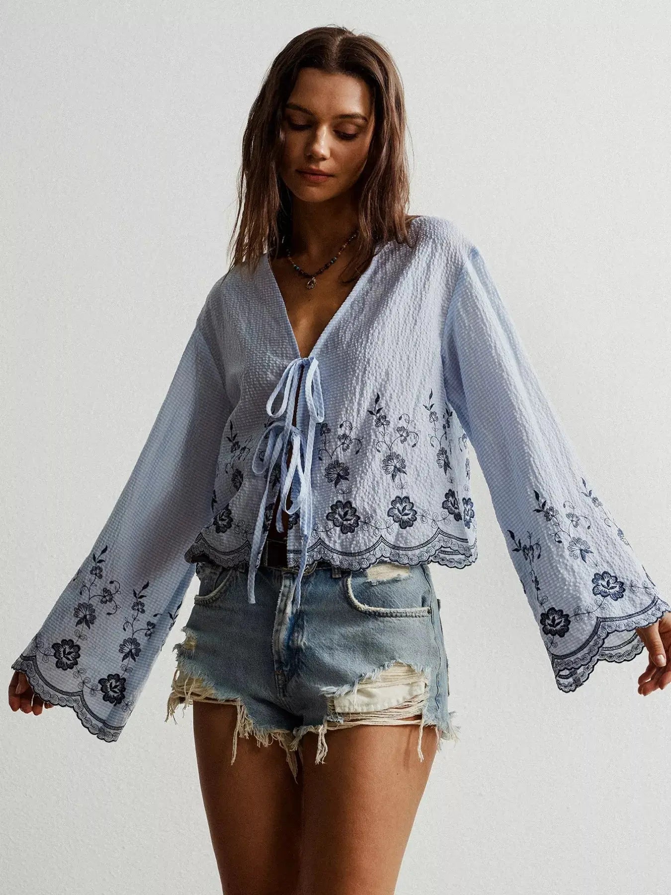 Floral Embroidered Tie-Front Blouse Simply Love