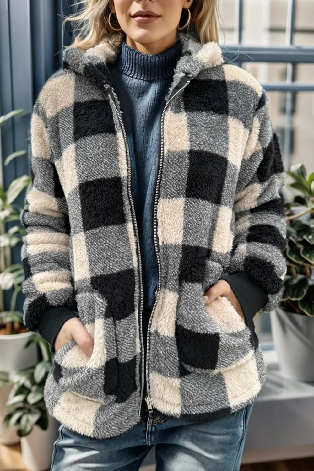 Double Take Full Size Plaid Long Sleeve Hooded Coat - Love Salve