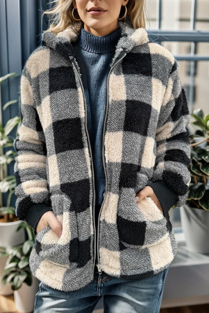 Double Take Full Size Plaid Long Sleeve Hooded Coat.