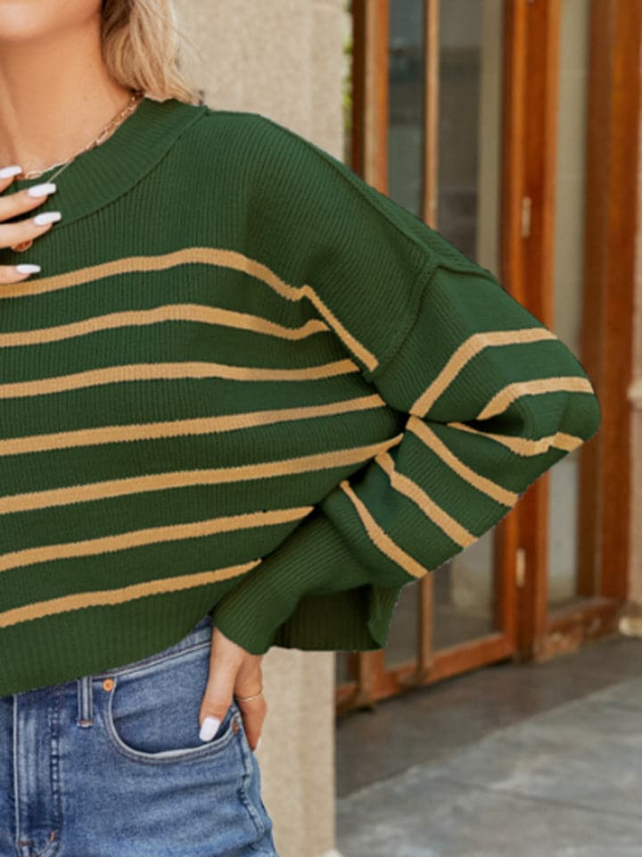 Round Neck Striped Lantern Sleeve Sweater.