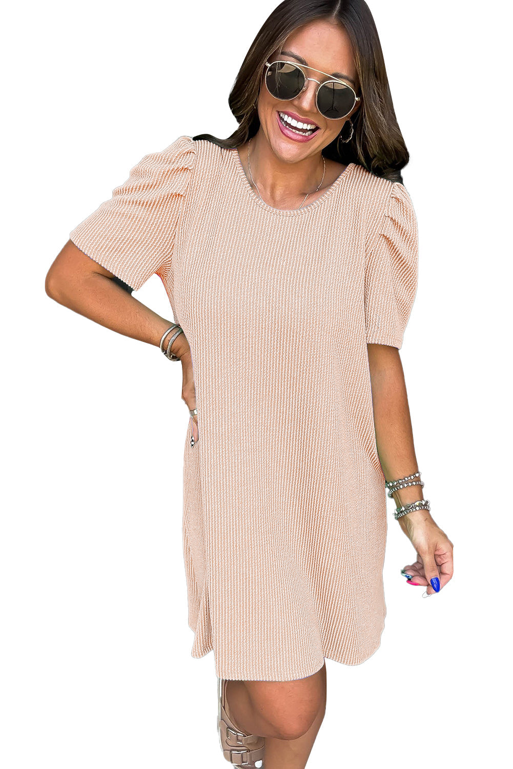 Blossom Corded Crew Neck Puff Sleeve Mini Dress Divine Design4U
