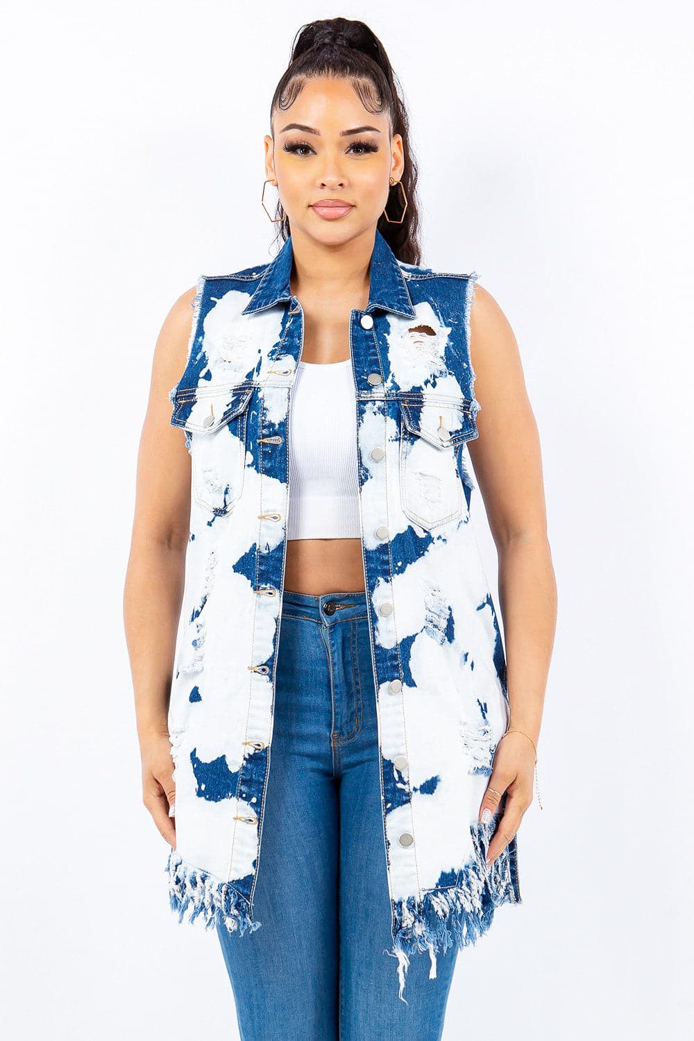 Distressed longline denim vest with frayed edges