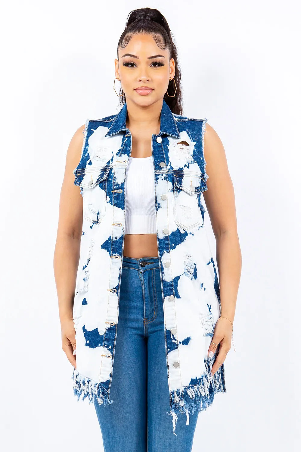 American Bazi Distressed Frayed Edge Longline Denim Vest - Love Salve 