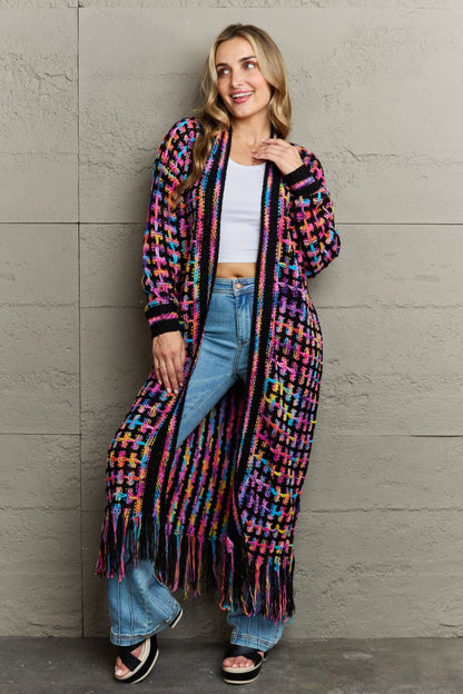 Multicolored Open Front Fringe Hem Cardigan.