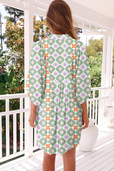 Green Geometric Floral Print 3/4 Sleeve Mini Dress