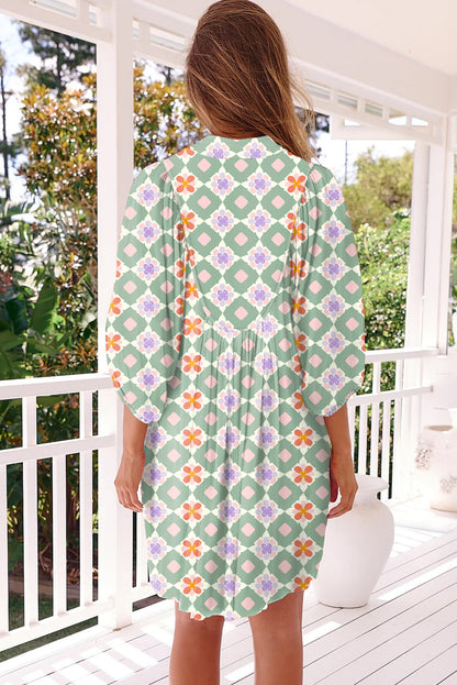Green Geometric Floral Print 3/4 Sleeve Mini Dress