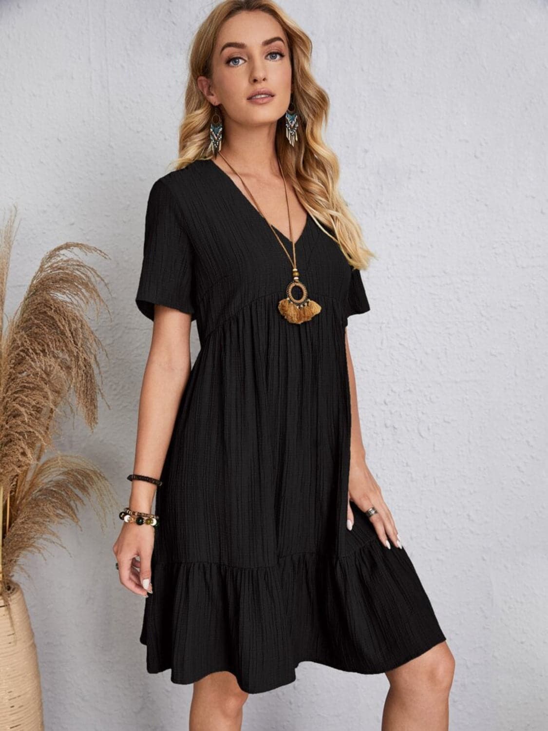 Full Size V-Neck Short Sleeve Dress.