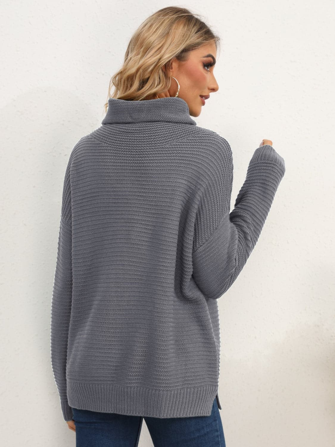 Slit Turtleneck Dropped Shoulder Sweater.