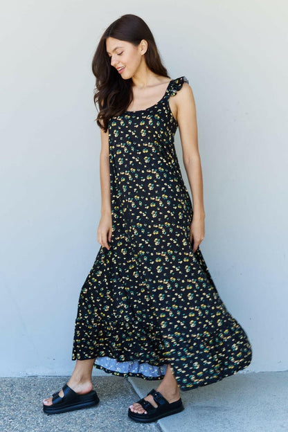 Doublju In The Garden Ruffle Floral Maxi Dress in  Black Yellow Floral.