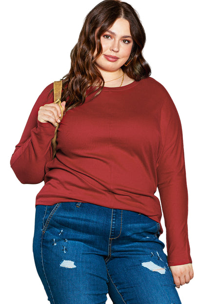 Sophisticated red dahlia long sleeve top with piping detail for plus sizes