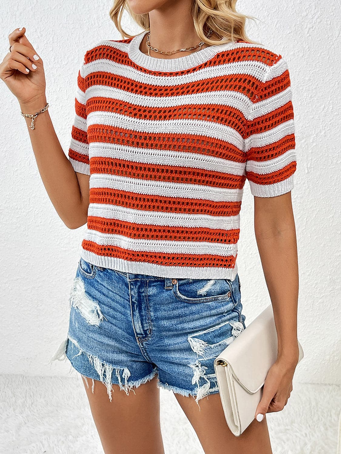 Openwork Striped Round Neck Short Sleeve Knit Top.