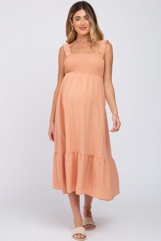 PinkBlush Peach Smocked Maternity Midi Dress - Main Product Image