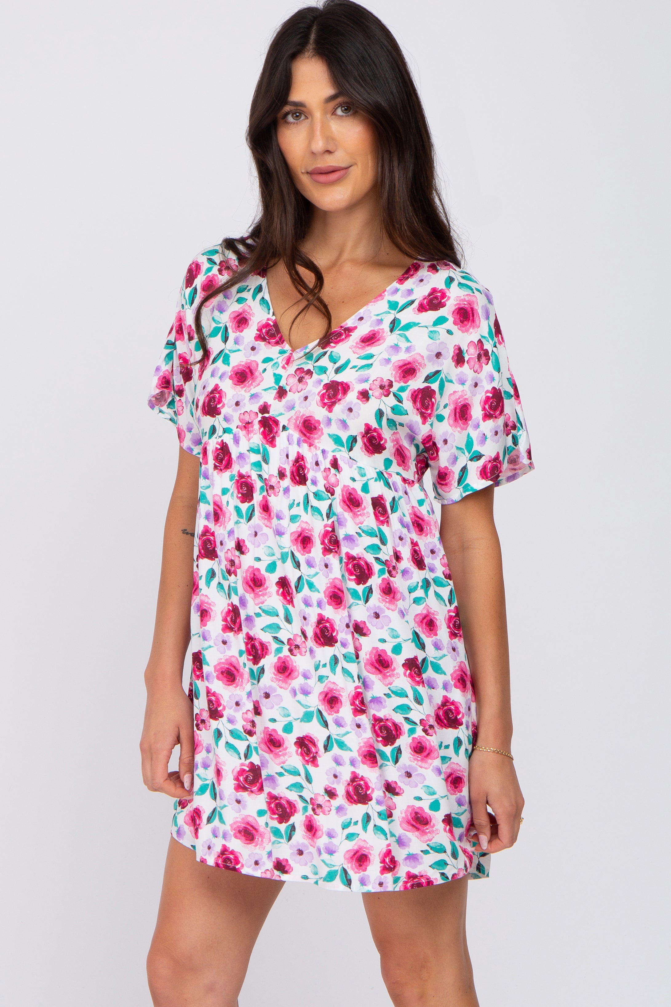 Ivory Floral Short Sleeve Babydoll Dress PinkBlush