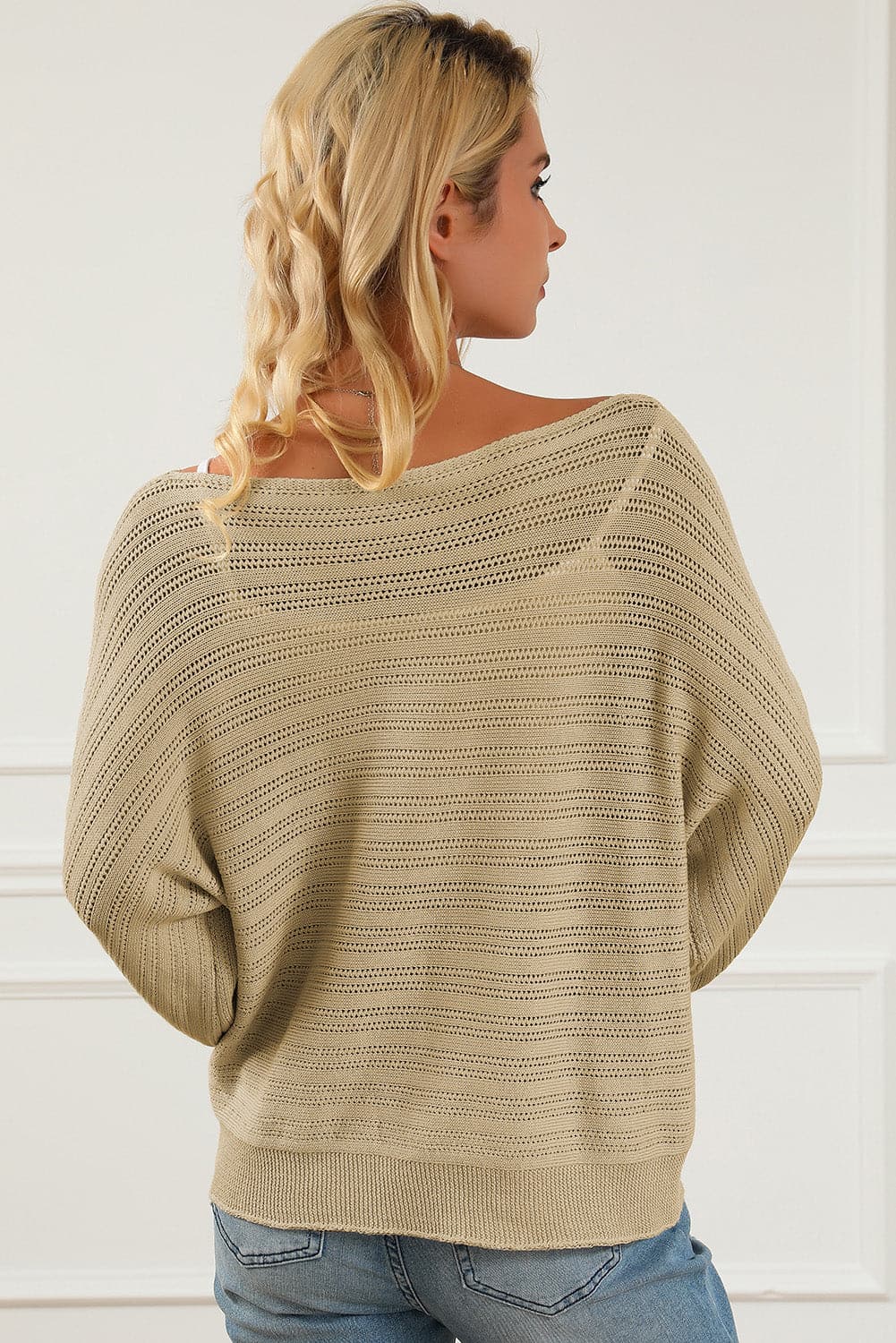 Openwork Boat Neck Lantern Sleeve Sweater.