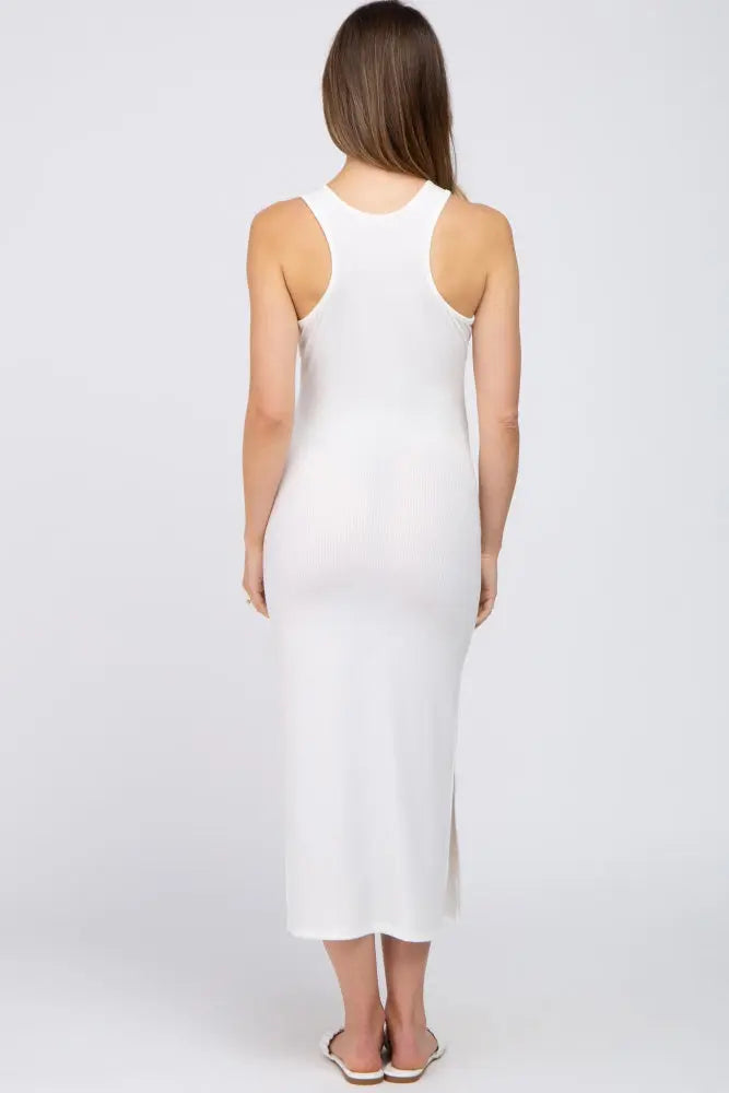 Ivory Ribbed Side Slit Maternity Midi Dress PinkBlush