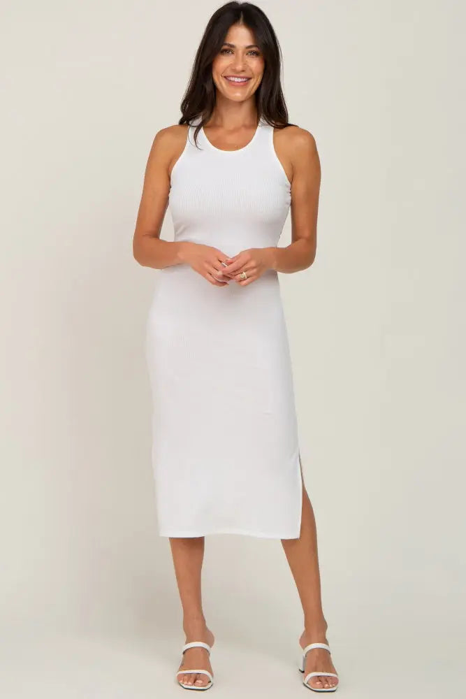 Ivory Ribbed Side Slit Maternity Midi Dress PinkBlush