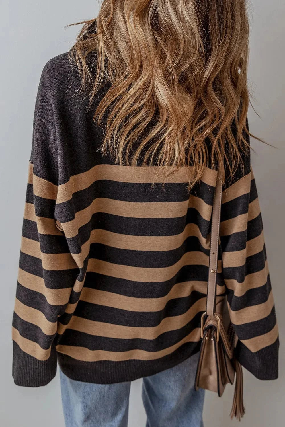 Chic striped half zip long sleeve knit top for effortless style