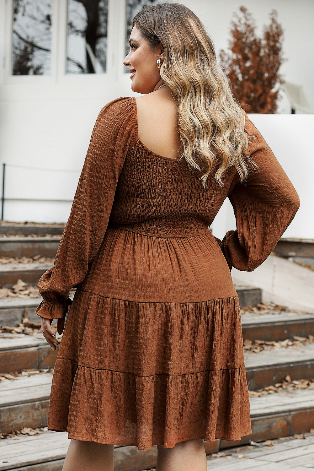 Chestnut Plus Size Smocked Ruffled Sleeve Tiered Mini Dress