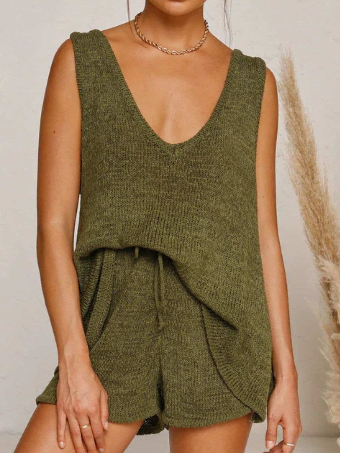 V-Neck Sleeveless Top and Drawstring Shorts Sweater Set.