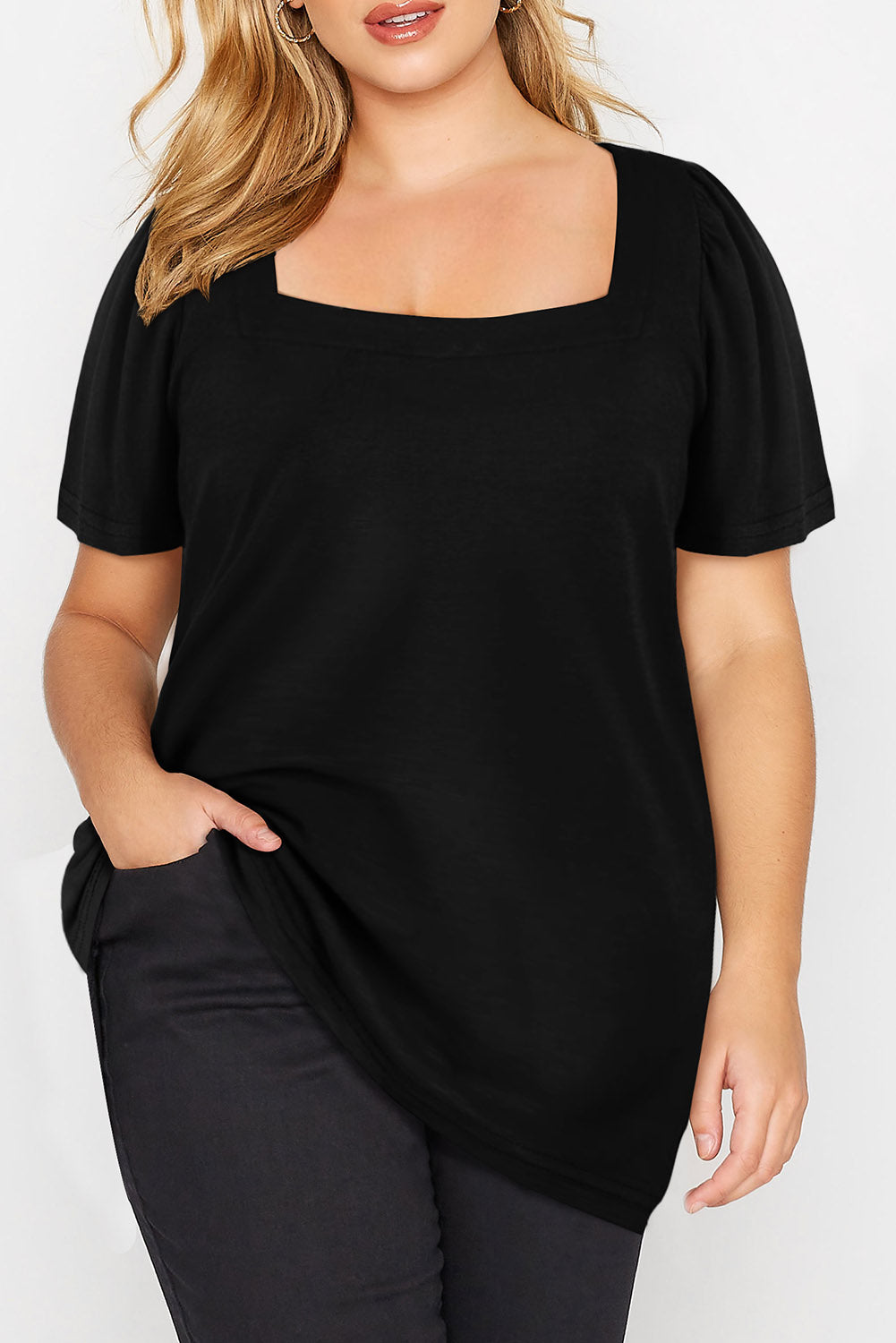 Chic black plus size square neck top with ruched sleeves